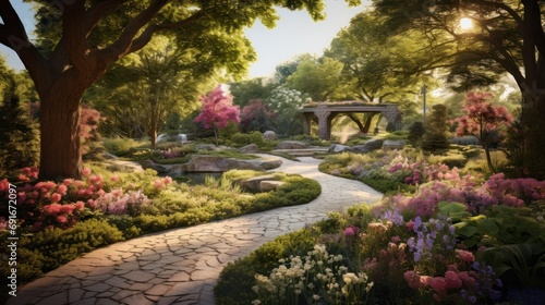  a painting of a garden with a stone path leading to a gazebo and a gazebo in the distance with trees, shrubs, and flowers, and rocks.