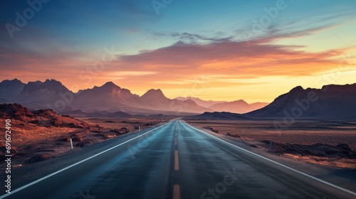  a long road in the middle of a desert with a mountain range in the background and a sunset in the middle of the road in the middle of the middle of the picture.