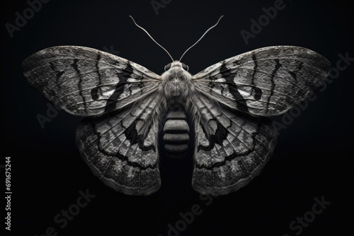 A detailed close-up view of a moth on a black background. This image can be used to illustrate the beauty and intricacy of nature.