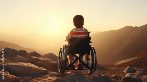 A person in a wheelchair navigating a rocky hill. Suitable for outdoor adventure and accessibility concepts