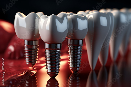 Dental implantation, three teeth with implant screws, 3d illustration. Close up of dental teeth implant. Copy space.