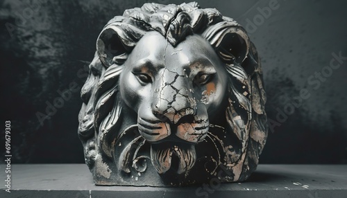 Statue / Skulptur eines Löwen-Kopfes aus Stein mit Rissen vor dunklem Hintergrund. Frontal. Illustration