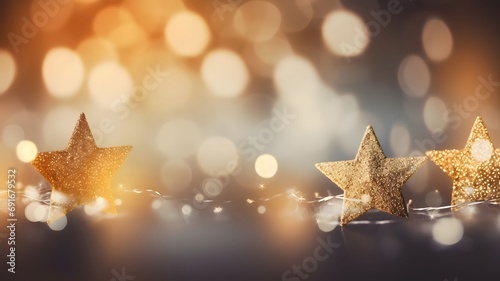 Golden stars in the foreground, golden bokeh effect in the back., Christmas banner with space for your own content. Light color background.