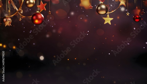 Colorful stars and baubles on strings at the top. Bokeh effect in the background.Christmas banner with space for your own content.