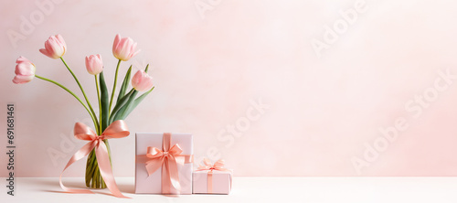 Spring composition with bouquet of pink white tulips and gift boxes on a pastel background