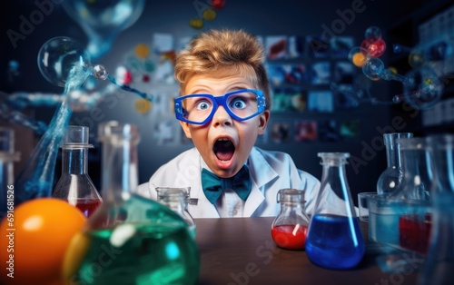 Kid boy with an astonished and surprised look dressed as a chemistry teacher conducting experiments in his room