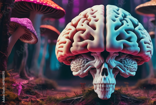 Psychology brain and skull next to magic mushrooms