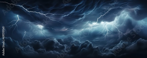 Vector realistic stormy clouds with lightning effects isolated on dark background 