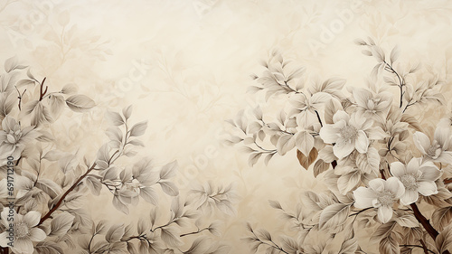 backdrop is a beige delicate background with a frame of floral ornament, warm parchment color and autumn tree branches