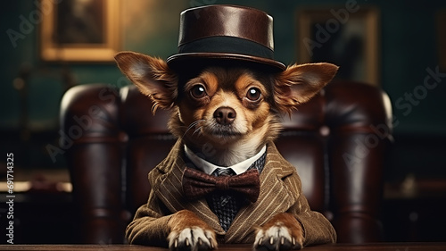 portrait of a cute dog in a classic hat, vintage look