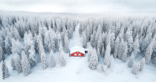 Aerial top view of the winter pine and spruce trees forest covered with snow with a lonely red cabin. Beauty in nature and ecology
