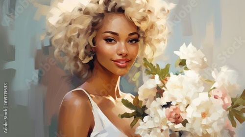 Beautiful blonde African American woman with flowers. Romantic lady. Illustration in style of oil painting. Postcard, greeting for International Womens Day. Valentine day. Wall decor, print.