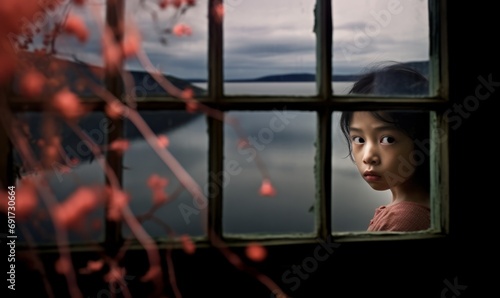 Window Frame Landscape Japanese, Geisha girl looking through a window, lake landscape, dark moody, fine art photography, noir horror spooky eerie arthouse arty bizarre cinematic photo