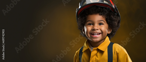 Latino boy with afro hair dressed as a firefighter playing to fulfill his dreams and goals in the future