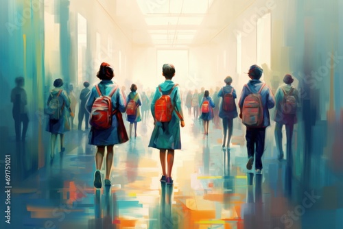many children students with schoolbag backpacks in school corridor, abstract painting-like neural network ai generated art, picture produced with ai, Generative AI 