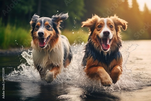 two dogs joyfully splashing through a river. Generative AI 