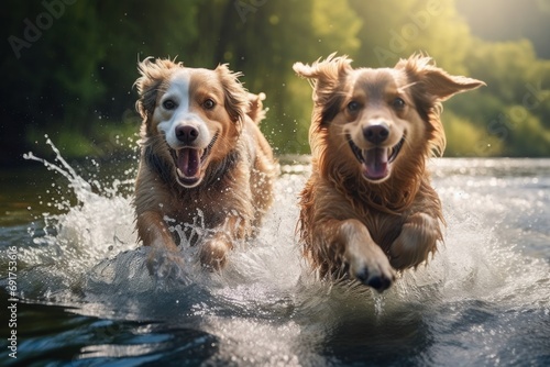 two dogs joyfully splashing through a river. Generative AI 