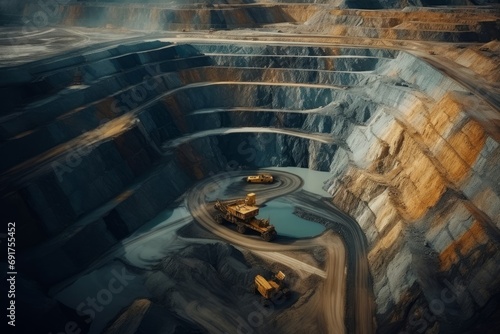 mining at a height. industrial terraces on a mineral mine with an open pit. opencast mining as seen from above. Exploration of a dolomite mine. extractive sector. massive excavator, Generative AI 