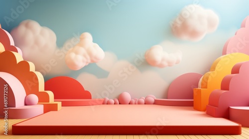 Background podium baby cute product 3d cloud kid children display banner room toy design blue. Podium scene boy background rainbow baby stand studio presentation shower template sale stage poster sky