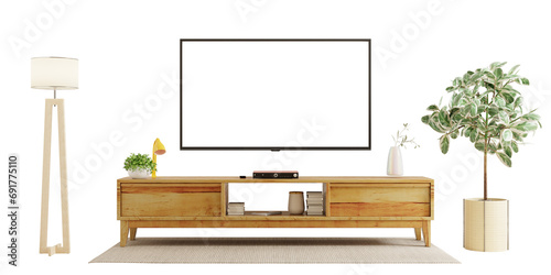 TV on cabinet in modern living room on transparent background.3d rendering