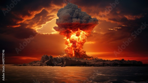 Nuclear explosion on an island in the ocean. Fire mushroom cloud. Nuclear blast of atomic bomb. Apocalypse. AI Generated