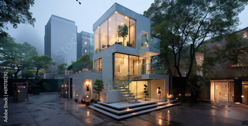 small modern house with white color in the city consist