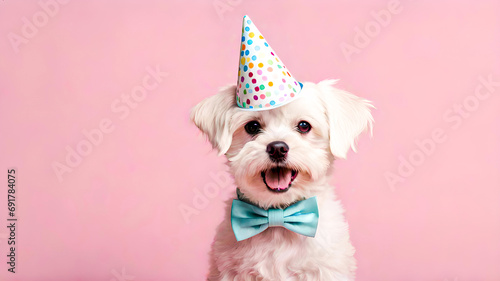 Cute maltese dog wearing party hat on pink background with copy space, Dog birthday party concept. Ai generated
