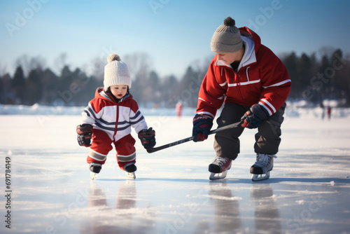 Father and son playing ice hockey. Generative AI.