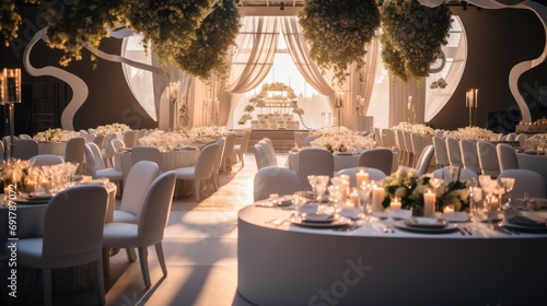 Beautiful corporate event with corporate decor and exquisite details, Round tables and chairs with stage setup. Generative AI.