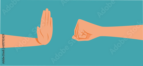 Hand of a Victim Making Stop Gesture Vector Illustration. Domestic violence concept drawing of a woman defending herself against aggressor 