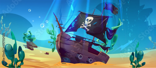 Wrecked pirate ship on sea bottom. Vector cartoon illustration of old damaged vessel lying on sandy seabed under water, jolly roger symbol on black sail, treasure search adventure game background