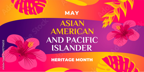 Asian american, native hawaiian and pacific islander heritage month. Vector vertical banner for social media. Illustration with text, hibiscus. Asian Pacific American Heritage Month on pink background