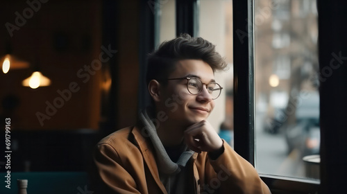 A handsome man sitting happily looking out of the window in a cafe.