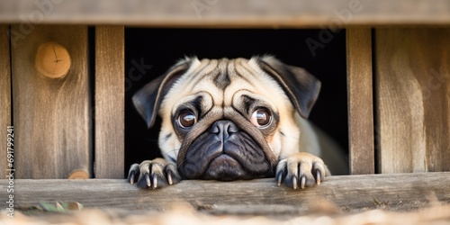 A pug looking out from a wooden doghouse.
