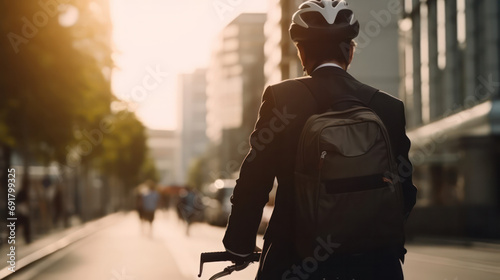 Businessman commuter with electric bicycle traveling to work in city.