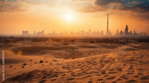 Desert in dubai city background united arab emirates beautiful sky at sunrise.