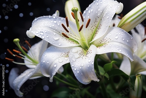  a close up of a white lily with drops of water on it's petals and a black background with drops of water on the petals.