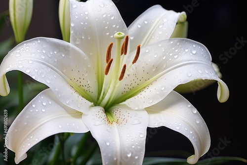  a close up of a white lily with drops of water on it's petals and green leaves in the background.