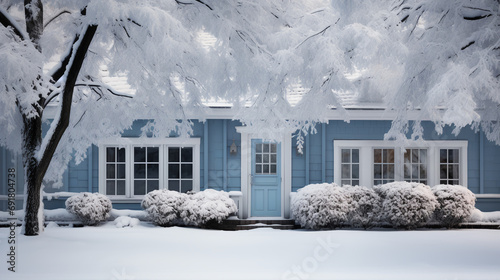 Light blue house after a snow and ice storm - front door - design and decor - country house - rural home - winter 