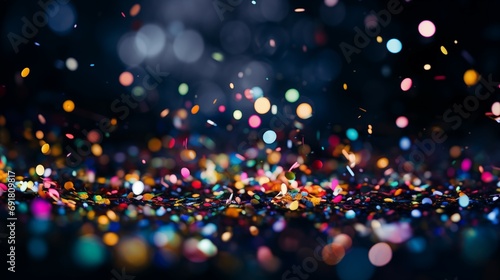 Bright colorful lights and confetti bokeh background