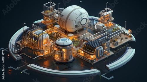 A sustainably built space station in isometric view showcasing smart materials