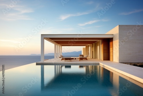 A minimalist villa featuring a pool and an expansive ocean view on the horizon