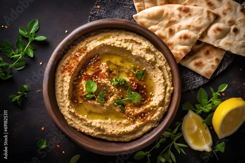 Bowl of hummus with olive oil, lemon and herbs on dark background