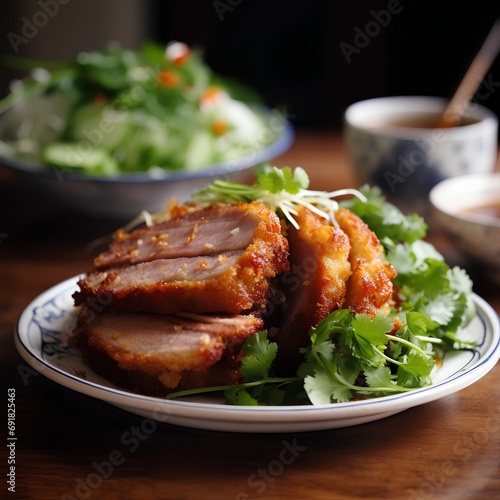 Crispy pork belly with sauce and vegetable salad on wooden table