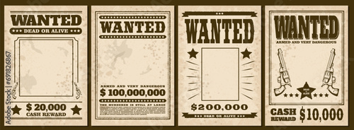 Wanted posters, set of vintage western banners, old style vector