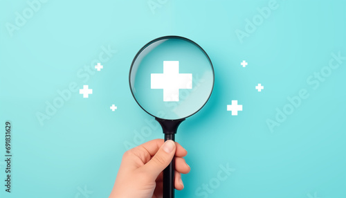 hand holding magnifying glass with healthcare medical icon symbol