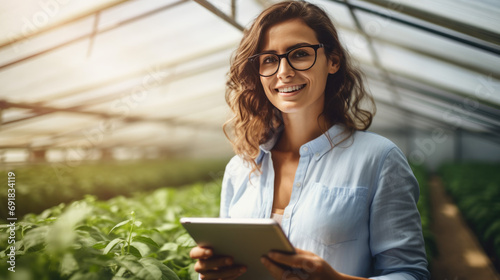 A woman farmer stands with a tablet in the greenhouse checking plant readings