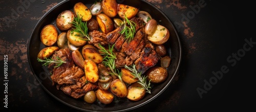 Top view of a frying pan with roasted boar and potatoes.