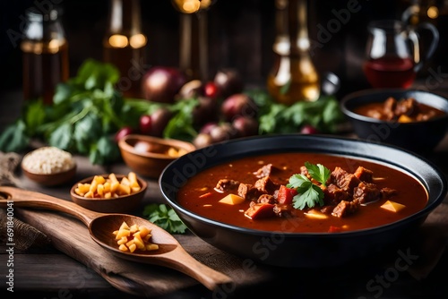 Goulash soup outdoors on a table