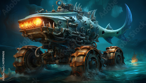 Create a monster truck inspired by the depths of the ocean. Add elements like fish scales, seaweed, and a submarine-like appearance to make it look like it's crushing